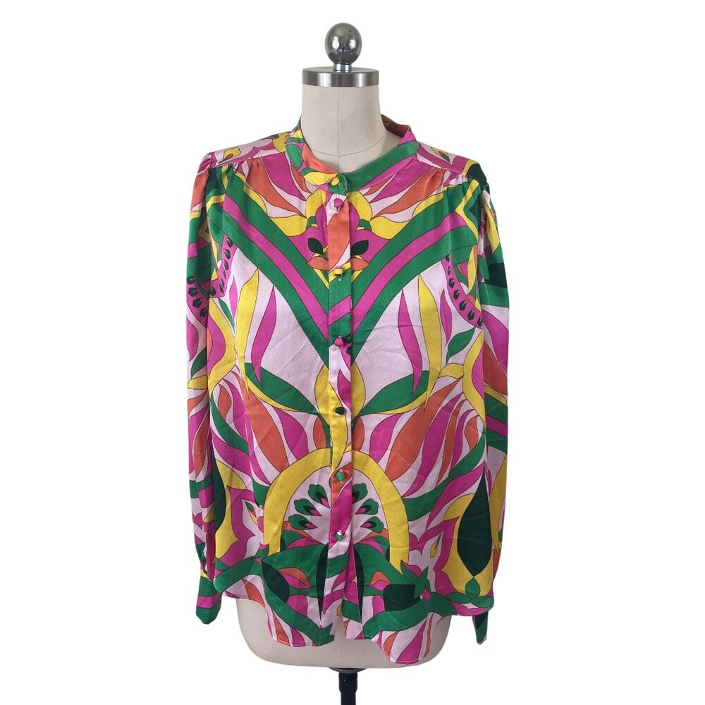 Fate Blouse Womens Medium Pink Long Sleeve Button Down Geometric Retro Modern